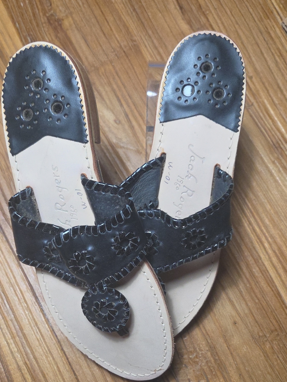 Jack Rogers Black Leather Whipstitch Thong Sandals